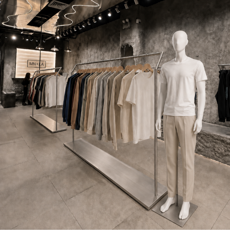 店舗用ハンガーラックの横に配置した白いフルボディマネキン｜weone