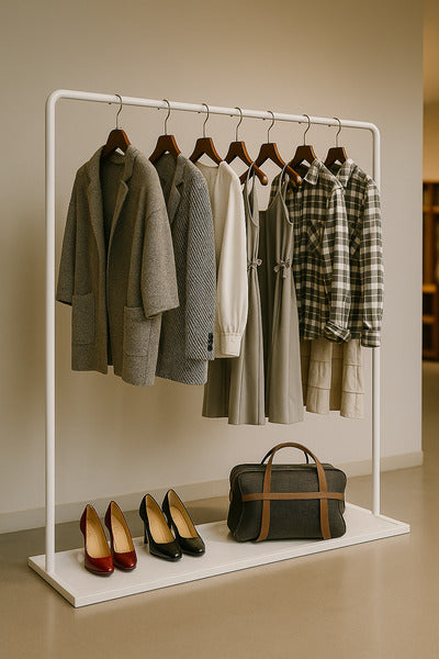 シンプルな白フレームのハンガーラックに洋服とバッグをディスプレイした店舗什器