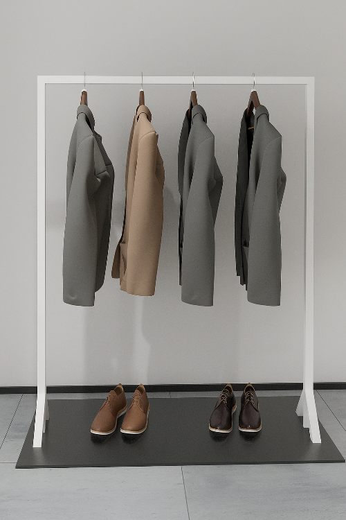 ホワイト衣類ラックにジャケットとシューズをディスプレイしたミニマルなアパレル什器