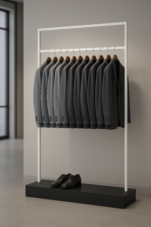 白フレームとブラックベースのハンガーラックにスーツを整然と並べた店舗ディスプレイ