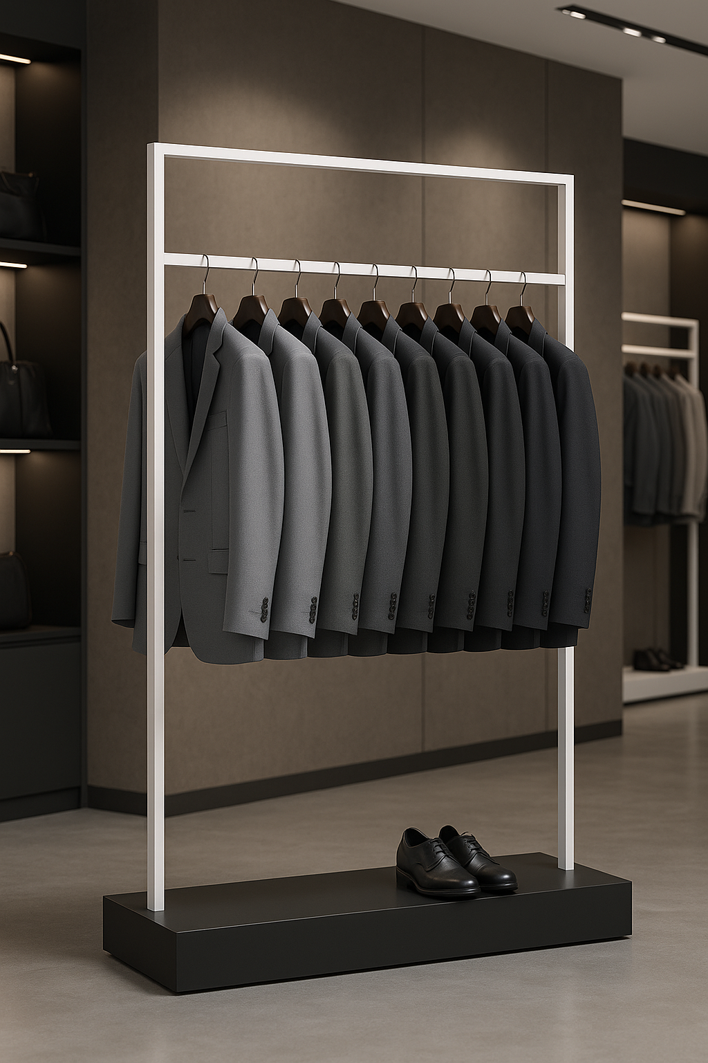 白フレームとブラックベースのハンガーラックにスーツを展示したショップディスプレイ
