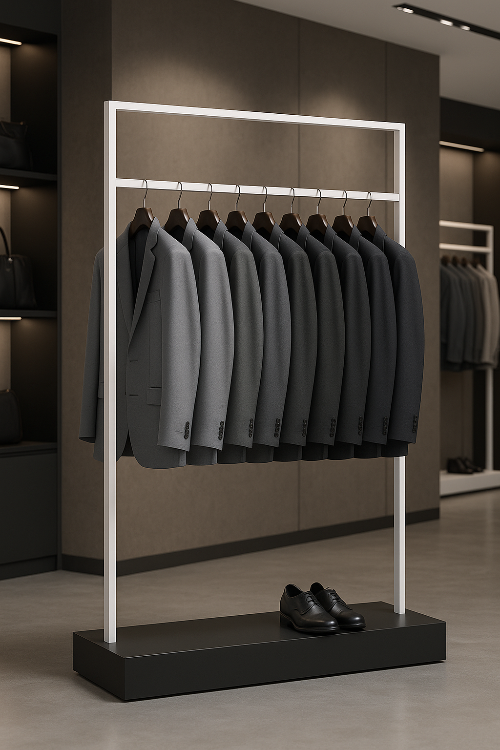 白フレームとブラックベースのハンガーラックにスーツを展示したショップディスプレイ