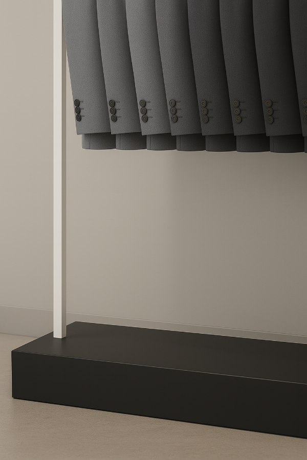 白フレームとブラックベースのハンガーラックの土台部分を映したディテールショット