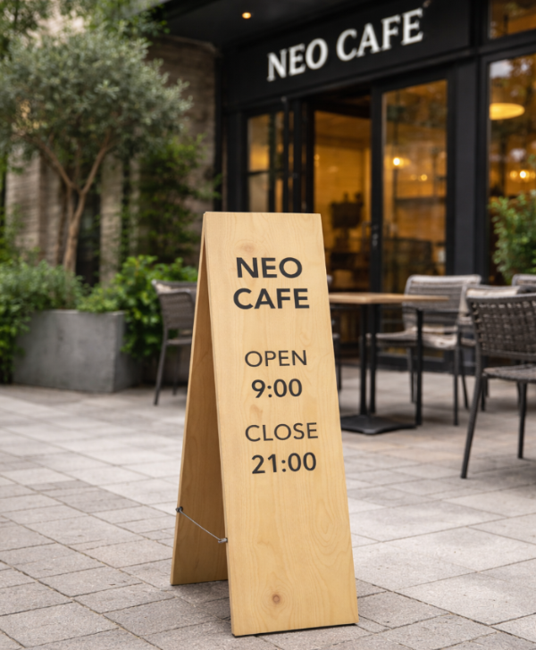 木製A型スタンド看板 営業時間表示付き カフェ・レストラン向け店舗案内サイン