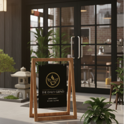 木製A型スタンドサインを設置したカフェ入口ディスプレイ 店舗案内や営業時間表示に最適な両面看板